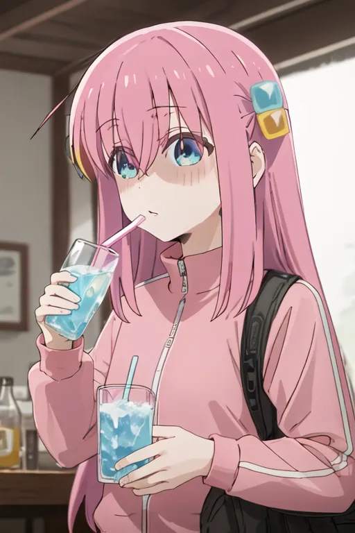 The image shows an anime girl with pink hair and blue eyes. She is wearing a pink tracksuit with a white stripe down the side. She is holding two glasses of blue soda and is drinking from one of them. She has a slight blush on her face and is looking at the viewer with a small smile on her face. The background is blurred and is a light brown color.