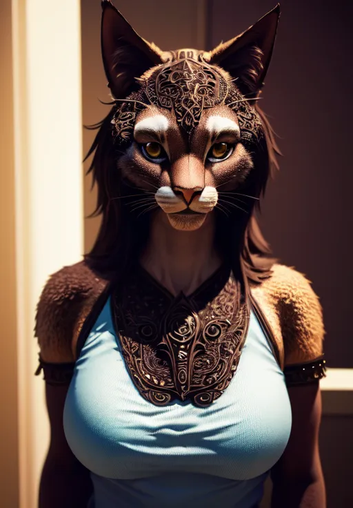 This image shows a female cat-like humanoid. She has light brown fur, dark brown eyes, and a black nose. She is wearing a blue tank top and a bronze necklace. Her ears are pointed and she has a long tail. She is standing in a room with a white wall behind