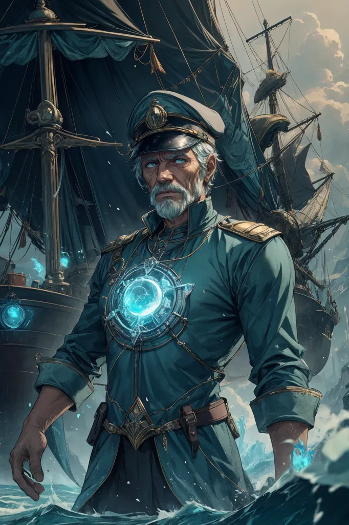 The image shows a man standing on the deck of a ship. He is wearing a blue uniform with a white hat. He has a beard and a mustache. He is looking out at the sea. There are other ships in the background. The water is blue and green. The sky is cloudy.