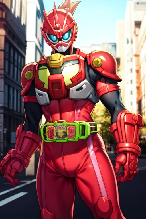 The image shows a man in a red and yellow superhero suit. He has a red helmet with a yellow visor, and his chest is covered in yellow armor. His arms and legs are covered in red and yellow armor. He has a yellow belt with a green buckle, and there is a green device on his left arm. He is standing in a city street, and there are buildings in the background.