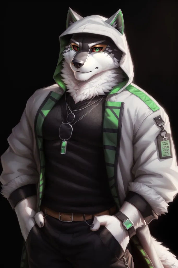 The image is of a muscular wolf anthropomorphic character with grey and white fur. He is wearing a black shirt, a white and green jacket with a hood, and black pants. He has green eyes and a confident expression on his face. He is standing with his hands in his pockets and is surrounded by a dark background.