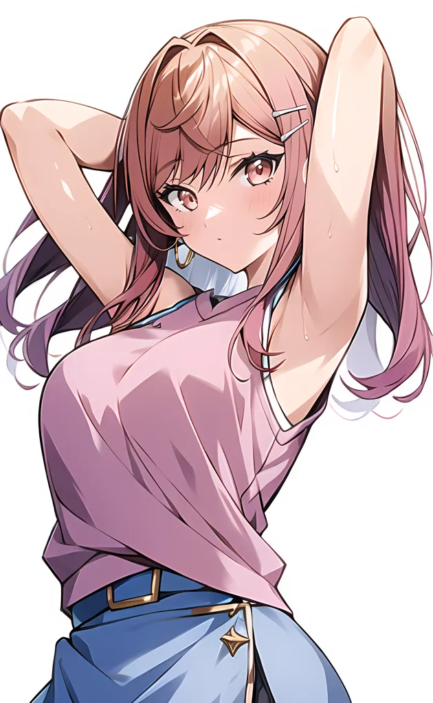 The image depicts an anime-style girl with pink hair and brown eyes. She is wearing a pink tank top and blue shorts. She is standing with her arms in the air, and her hair is flowing around her. She has a confident expression on her face.