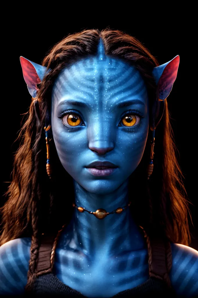 This image shows a female Na'vi from the movie Avatar. She has blue skin, yellow eyes, and long brown hair. She is wearing a blue and brown outfit. She is looking at the viewer with a serious expression.