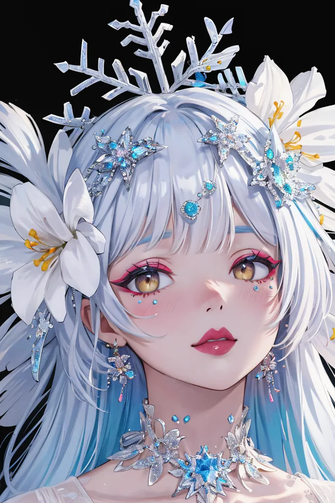 This is an image of a beautiful anime girl. She has long white hair and blue eyes. She is wearing a white dress with a blue sash. There are some flowers in her hair and she is wearing a necklace and earrings. She has a gentle smile on her face. The background is black.