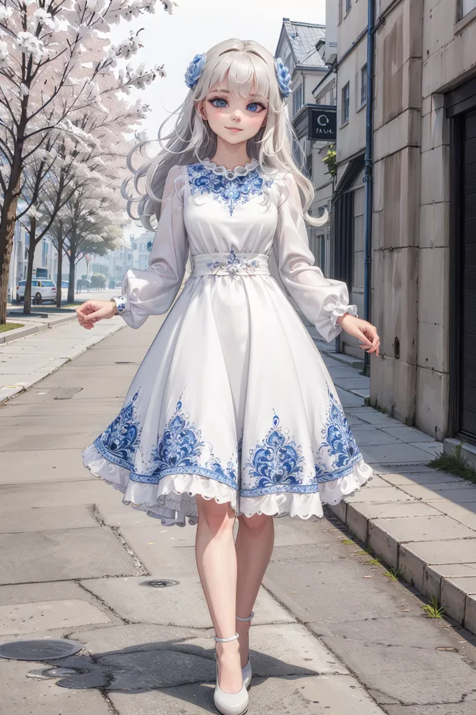 This is an image of a beautiful anime girl with long white hair and blue eyes. She is wearing a white dress with blue and silver accents. The dress has a floral pattern and a ruffled hem. She is also wearing white shoes with blue bows. The girl is standing in a city street, surrounded by tall buildings. There are trees and flowers on either side of the street. The girl is smiling and looks happy.