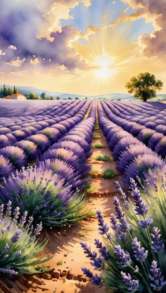 This is a beautiful watercolor painting of a lavender field in Provence, France. The lavender is in full bloom and the sun is shining brightly overhead. There is a slight breeze blowing, which is causing the lavender to sway gently. The painting is very calming and peaceful.