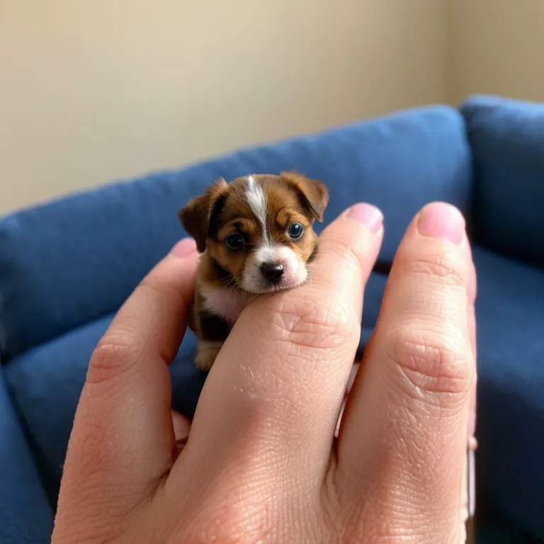 The image shows a tiny brown and white puppy. The puppy is sitting on a person's hand. The puppy's eyes are open and it is looking at the camera. The person's fingers are holding the puppy in place. The puppy is very small and it fits in the palm of the person's hand.