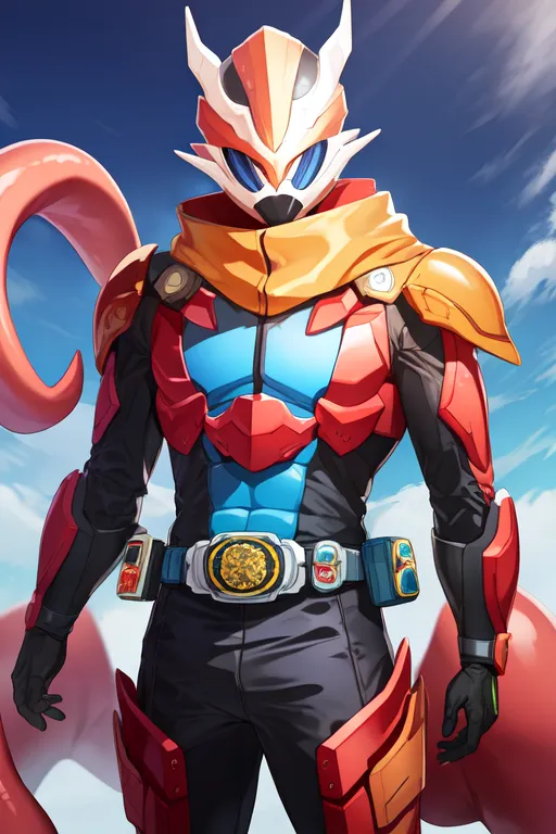 This is a picture of a superhero. He is wearing a red and blue suit of armor. His helmet has a visor that covers his eyes. There is a red scarf around his neck. He has a belt with a golden buckle around his waist. There is a red and blue creature with a long tail standing behind him. The superhero is standing in a fighting stance, ready to fight.