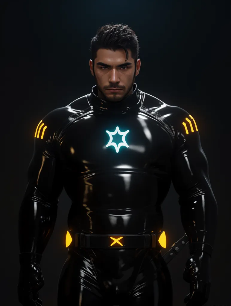 The image shows a man in a black and yellow superhero suit. The suit has a bright yellow X on the belt and a six-pointed yellow star on the chest. The man has dark hair and a beard. He is looking at the camera with a serious expression.