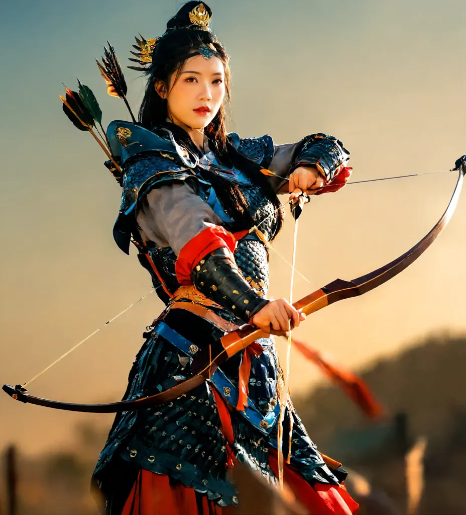 A young woman dressed in ancient Chinese warrior attire is standing in a field, drawing a bow and arrow. She is wearing a blue and gray breastplate and a red skirt. Her hair is long and black, and she is wearing a golden headdress. She has a determined expression on her face, and it is clear that she is a skilled archer.