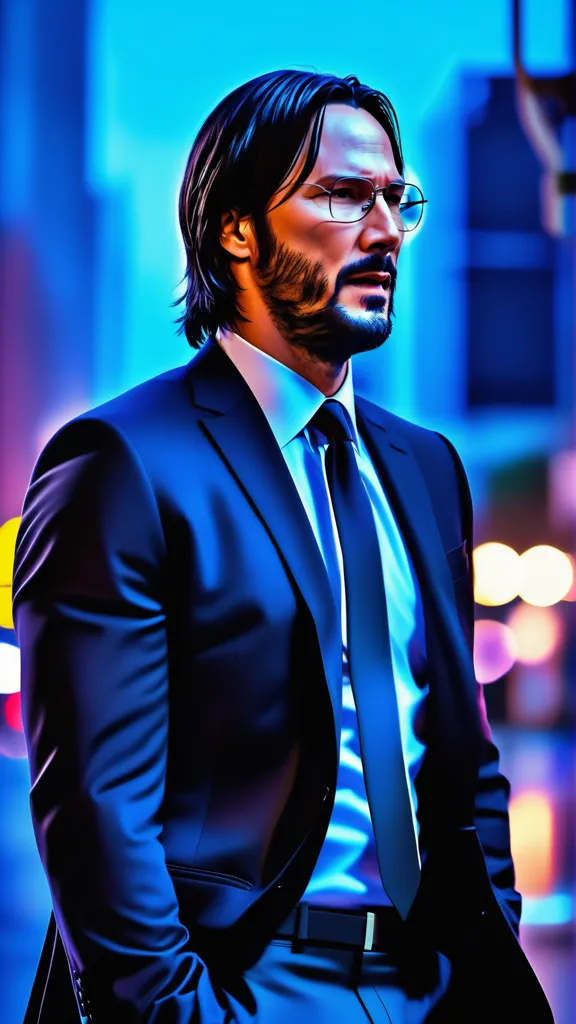 This is a picture of Keanu Reeves, a Canadian actor. He is known for his roles in movies such as The Matrix, John Wick, and Speed. He is standing in front of a blue background, wearing a dark suit and tie. He has his hands in his pockets and is looking at the camera with a serious expression.