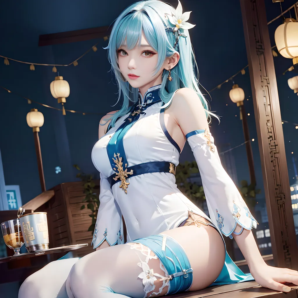 The picture shows a beautiful anime girl with long blue hair and green eyes. She is wearing a white and blue dress with a high collar and a long slit on one leg. She is sitting on a table with her right leg crossed over her left. There is a cup of tea on the table. The background is a blurred image of a Chinese restaurant with red lanterns hanging from the ceiling.