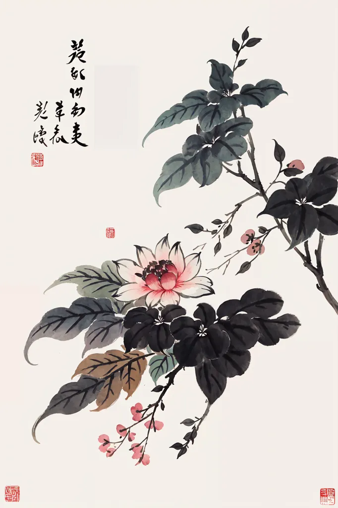 这幅图像是一幅中国风格的花卉画作。花朵呈粉红色,雄蕊为黄色,叶子为绿色。枝条上还有一些小的粉红色花朵。这幅画采用了写实的绘画风格,画家运用了各种不同的笔触来表现花朵和叶子的质地。