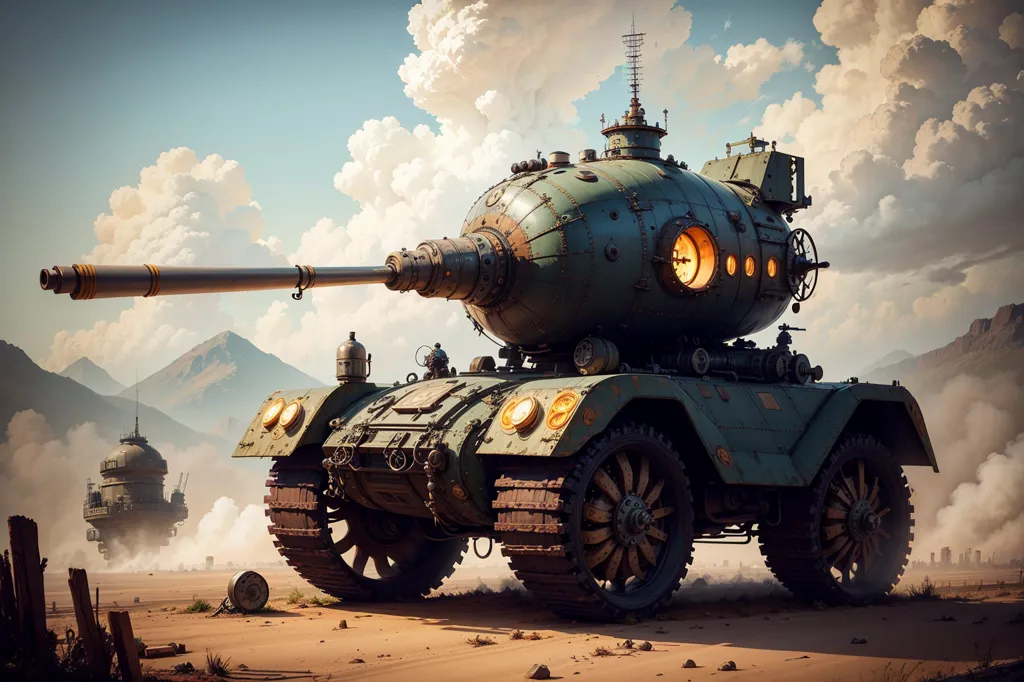 The image shows a steampunk tank. It is a large, armored vehicle with a cannon on its front. The tank is made of metal and has a riveted construction. It has six wheels and a large engine on its back. There are two portholes on the side of the tank and a hatch on the top. The tank is painted in a green color. There are mountains in the background and a blue sky with clouds.