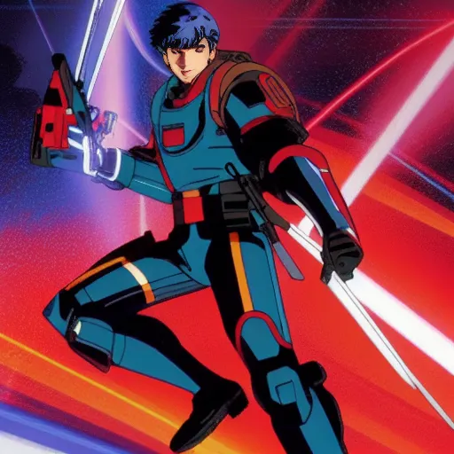 This is an illustration of a male character from an anime. He is wearing a blue and red spacesuit and is armed with a gun and a sword. He is standing in a dynamic pose, with his legs spread and his arms outstretched. The background is a blur of red and blue light.