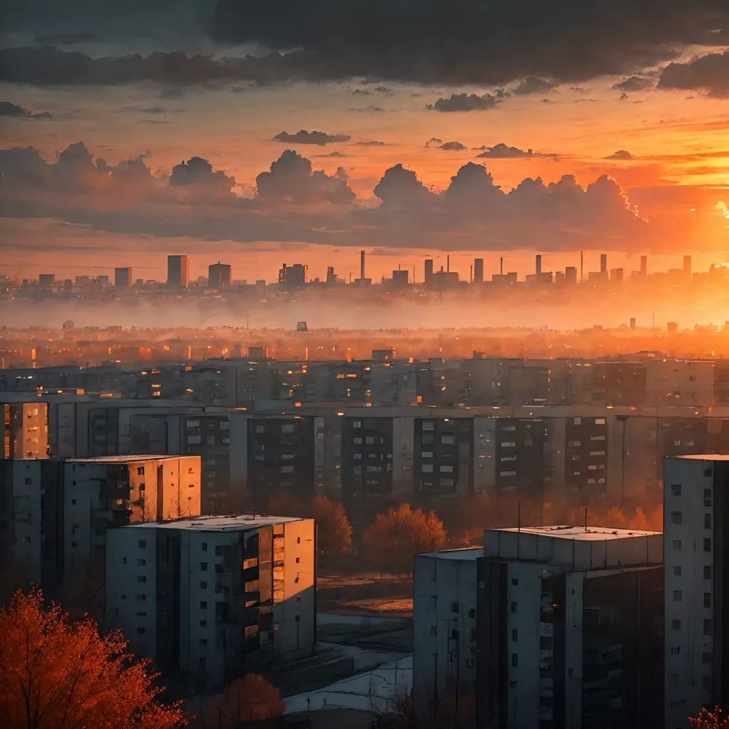 图像显示了一个城市景观在日落时分。天空熊熊燃烧着色彩,云朵被染上了粉色、橙色和黄色的色调。太阳正在城市的后面落下,它的光线在建筑物上投射出一种金色的光芒。这个城市由高耸的公寓楼组成,它们都沐浴在落日温暖的光芒中。这个场景充满了宁静与祥和,它是大自然之美的一个美丽提醒。