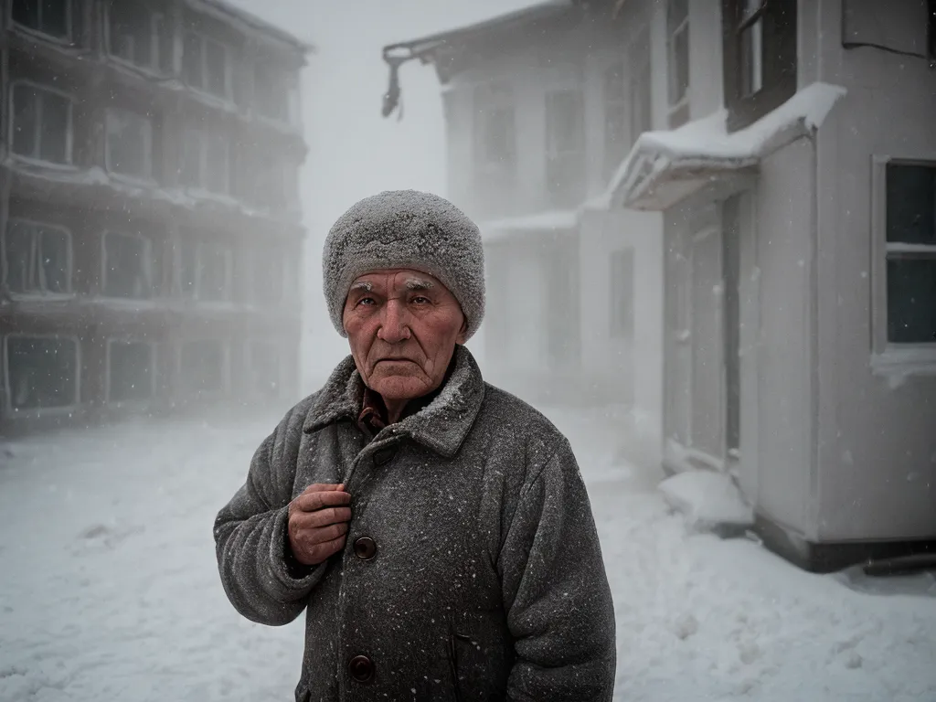 图像显示一位身穿灰色大衣、戴着毛皮帽子的老人站在一条雪地街道上。这位老人的面容饱经风霜,满是皱纹,神情悲伤。他穿着厚重的大衣和毛皮帽子,以保护自己免受寒冷的侵袭。图像背景是模糊的雪覆盖的建筑物。这幅肖像描绘了一个经历过艰难生活的人。