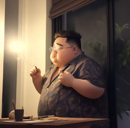 A man is sitting at a desk, holding a pencil and looking at a blank sheet of paper. He is wearing a short-sleeved shirt and glasses. The room is dimly lit, with only a small lamp on the desk providing light.