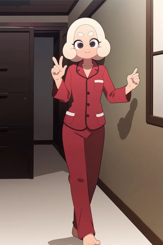 This is an image of a girl in her pajamas. She has short blonde hair and big blue eyes. She is wearing a red pajama top and pants. She is standing in a hallway, with a door on the left and a window on the right. She is smiling and has her arms in the air.