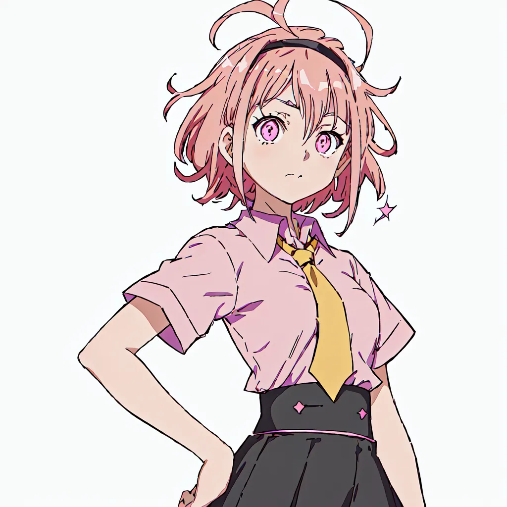 The image shows a young girl with pink hair and pink eyes. She is wearing a white shirt, a yellow tie, and a black skirt. She has her hands on her hips and is looking at the viewer with a confident expression. She is most likely a student.