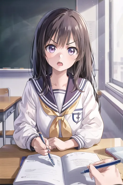 A young girl with long brown hair is sitting at a desk in a classroom. She is wearing a white shirt with a blue sailor-style collar. She has her hands on a book. She is looking at another person in front of her with an upset expression on her face.