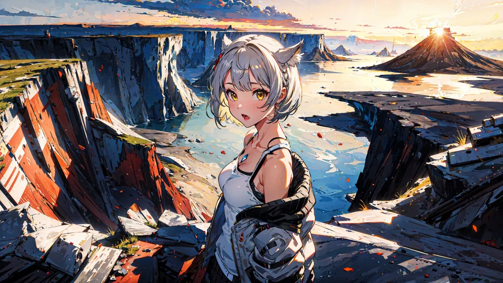 An anime-style girl with white hair and cat ears is standing on a cliff. She is wearing a white tank top and a black jacket. The background is a large body of water with a mountain range in the distance. The sky is orange and the sun is setting.