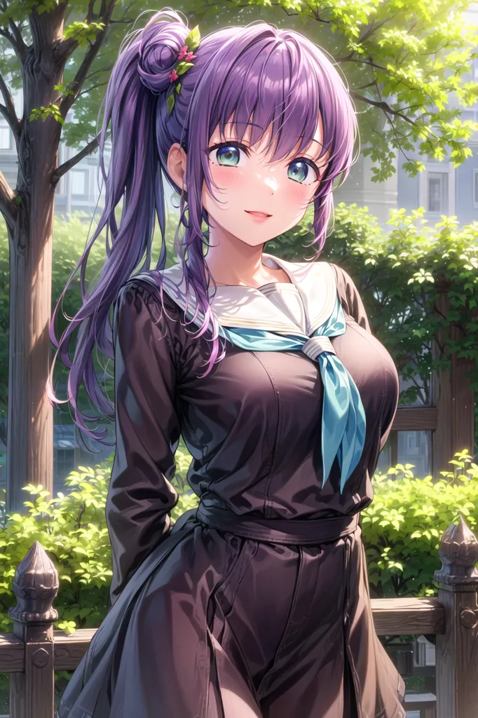 The image shows an anime-style girl with purple hair and blue eyes. She is wearing a black sailor-style uniform with a blue tie. She has a ponytail and is standing in a park with trees in the background.