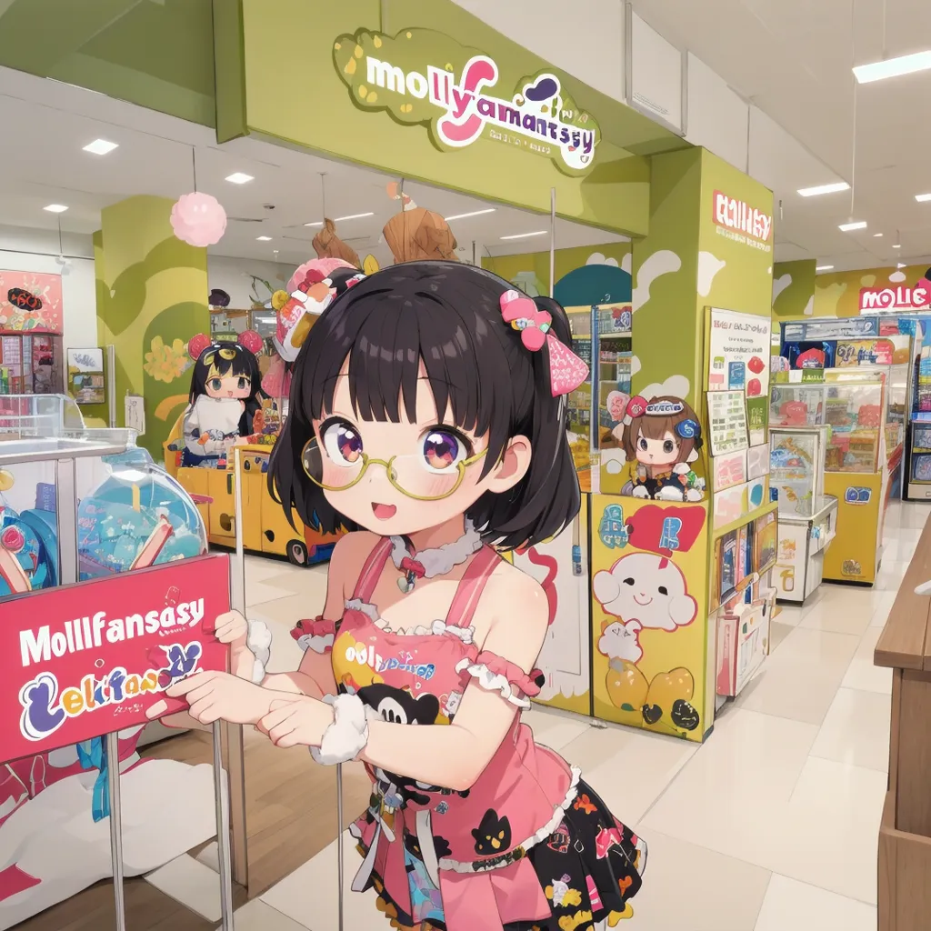 The image is of a young girl with short brown hair and purple eyes. She is wearing a pink dress with a white collar and black sleeves. She is also wearing glasses and a yellow headband with cat ears. She is standing in a store that sells toys and games. There are shelves of toys and games behind her, and there is a counter in front of her. The girl is smiling and pointing at a sign on the counter. The sign says \