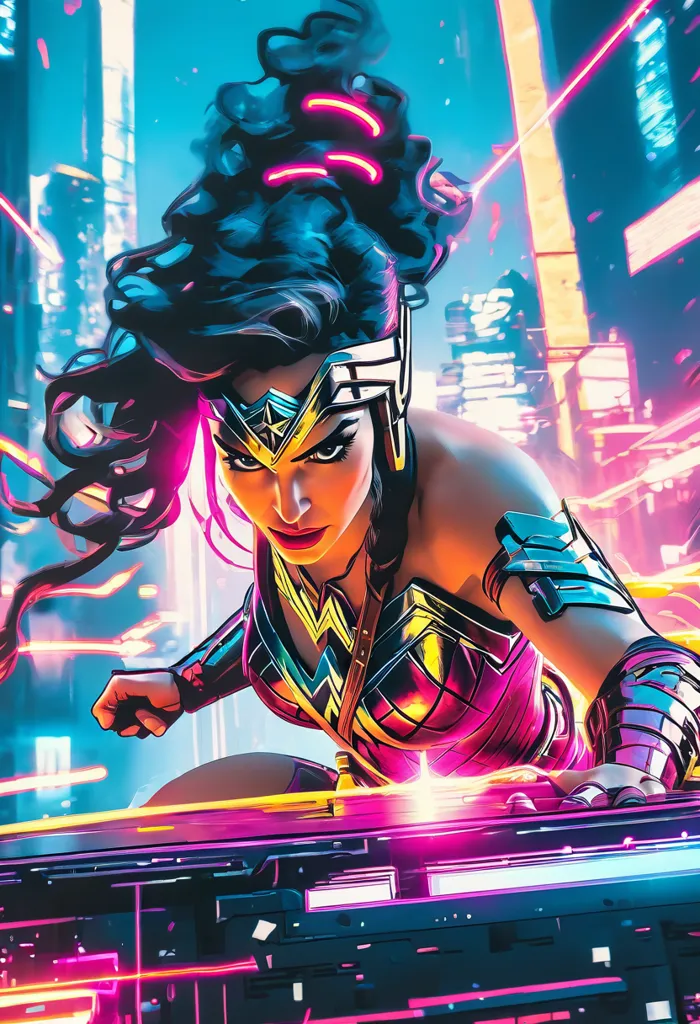 This is a picture of Wonder Woman, a superhero from DC Comics. She is standing in a futuristic city, with tall buildings and bright lights. She is wearing her classic outfit, with a red, white, and blue bodysuit, a golden tiara, and silver bracelets. She has her lasso in one hand and is ready to fight. The background is a bright blue, with a white circle in the center.