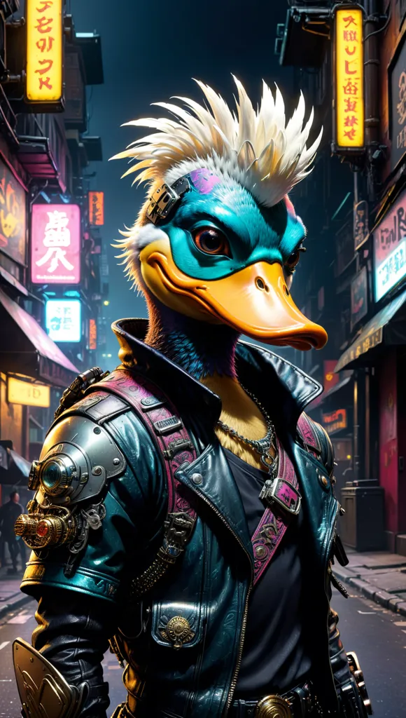 This is an image of a duck wearing a leather jacket and a Mohawk. The duck is standing in a dark alleyway, and there are neon signs and buildings in the background. The duck is also wearing a pair of goggles and has a chain around its neck. The image is a digital painting, and the artist has used a variety of techniques to create a realistic and textured image.