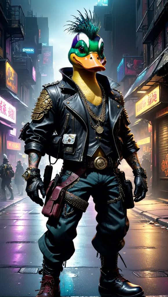 This is an image of a duck wearing a leather jacket, with a green mohawk and sunglasses. It is standing in a dark alleyway, surrounded by neon lights and graffiti. The duck is holding a gun in its right hand and has a confident expression on its face. It is wearing a black leather jacket, a white t-shirt, and black pants. It also has a pair of black boots and a belt with a large buckle. The background of the image is a dark alleyway, with a brick wall on the left and a metal gate on the right. There is a neon sign on the wall behind the duck, which is advertising a bar.