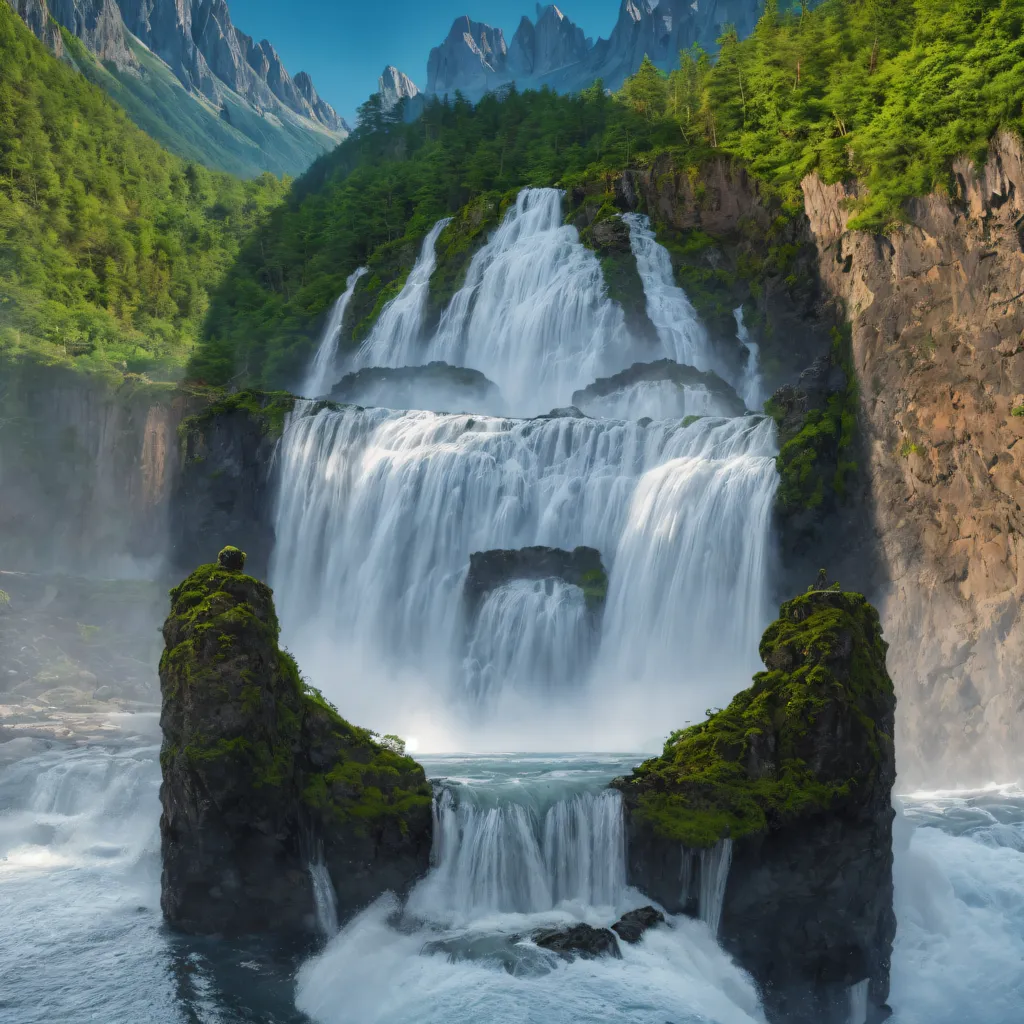 The image is of a waterfall in a valley. The waterfall is surrounded by a lush green forest. The water is falling from a height of several hundred feet and crashing against the rocks below. The waterfall is in a remote area and is surrounded by mountains. The air is fresh and clean, and the only sound is the roar of the waterfall. The waterfall is a beautiful and awe-inspiring sight. It is a place of peace and tranquility.