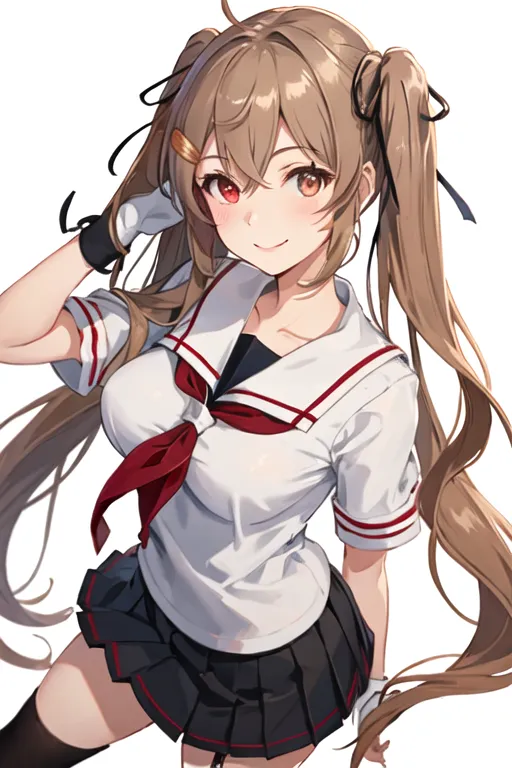 The image shows an anime-style girl with brown hair and orange eyes. She is wearing a white shirt with a red scarf, a black skirt, and white gloves. She has a friendly smile on her face and is looking at the viewer.