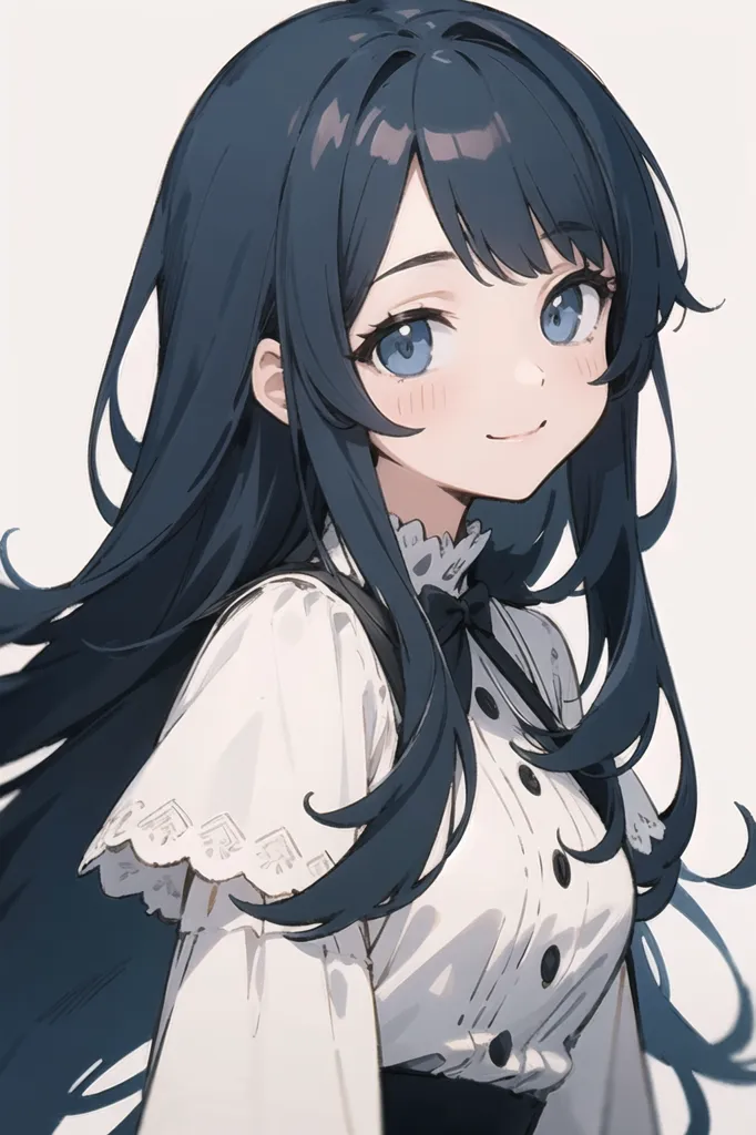 This is an image of a young girl with long, dark blue hair and blue eyes. She is wearing a white blouse with a black bow. The girl has a gentle smile on her face and is looking slightly to the right of the frame.