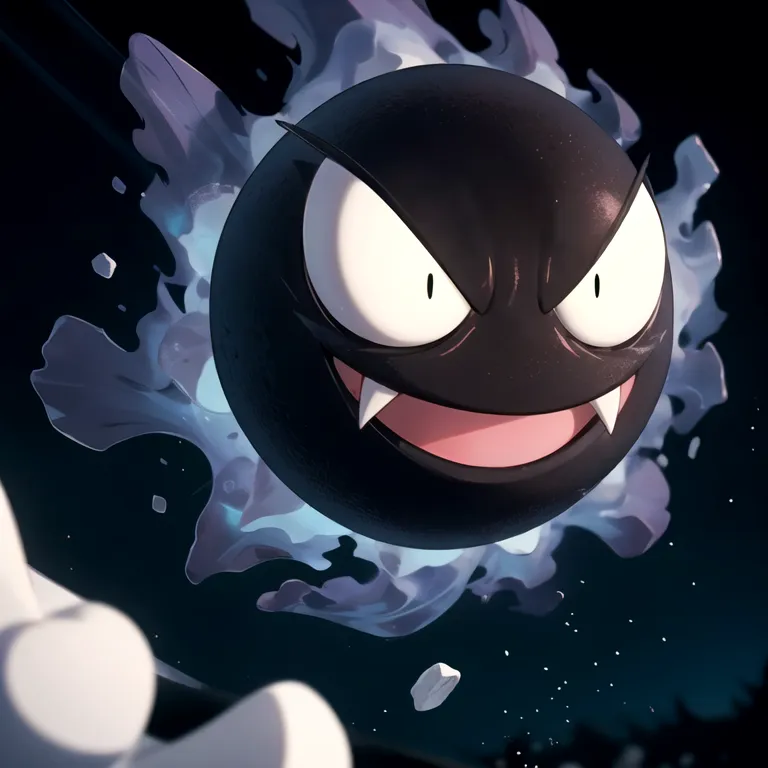 This is an image of a Pokémon. It is a round, black creature with a face. It has two white eyes and a large mouth with sharp teeth. It is surrounded by a blue mist. The Pokémon is Gastly, a Gas Pokém