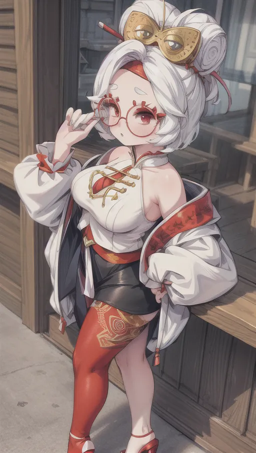 The image shows a young woman with white hair and red eyes. She is wearing a white and red cheongsam, a black skirt, and a white jacket. She is also wearing glasses. She is standing in front of a wooden door.