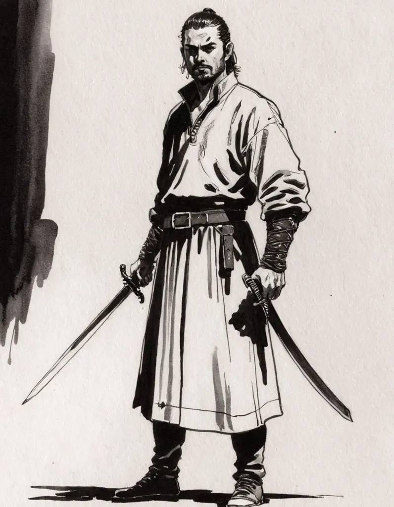 The picture shows a man in a white shirt and black trousers. He has a sword in each hand. He has a serious expression on his face. He is standing in a ready position, prepared to fight.