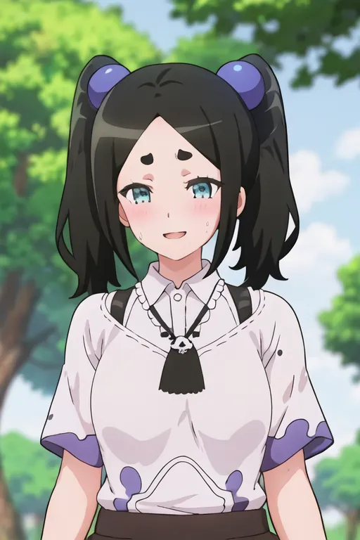 This is an image of an anime girl with black hair and blue eyes. She is wearing a white shirt and a black skirt. She has a skull necklace on and her hair is tied up in two ponytails. She is standing in a park and there are trees in the background.