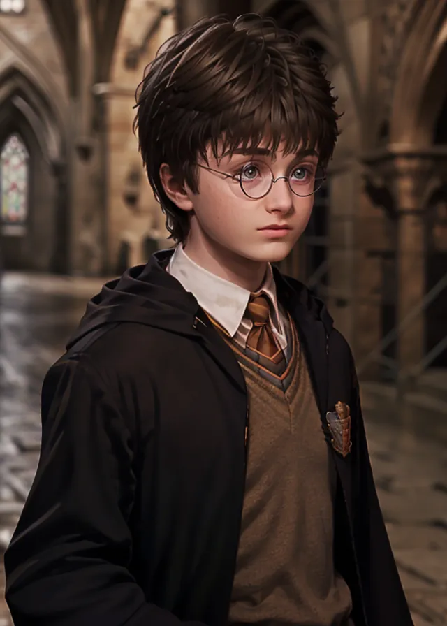 This is a picture of Harry Potter, a character from the Harry Potter series. He is a young boy with messy brown hair and green eyes. He is wearing a Hogwarts uniform, which consists of a black robe, a white shirt, and a Gryffindor tie. He is standing in a hallway at Hogwarts, which is a magical school.