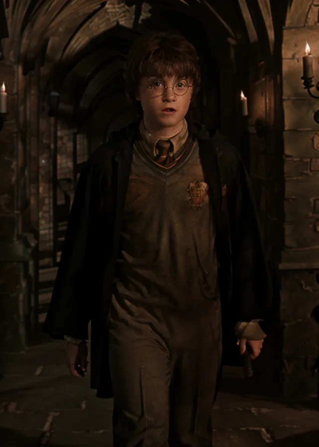 This is a picture of Harry Potter, a character from the Harry Potter series. He is a young boy with messy brown hair and green eyes. He is wearing a Hogwarts uniform, which consists of a black robe, a white shirt, and a gray sweater. He is also wearing glasses. He is standing in a dark hallway, which is lit by candles. He looks scared and determined.