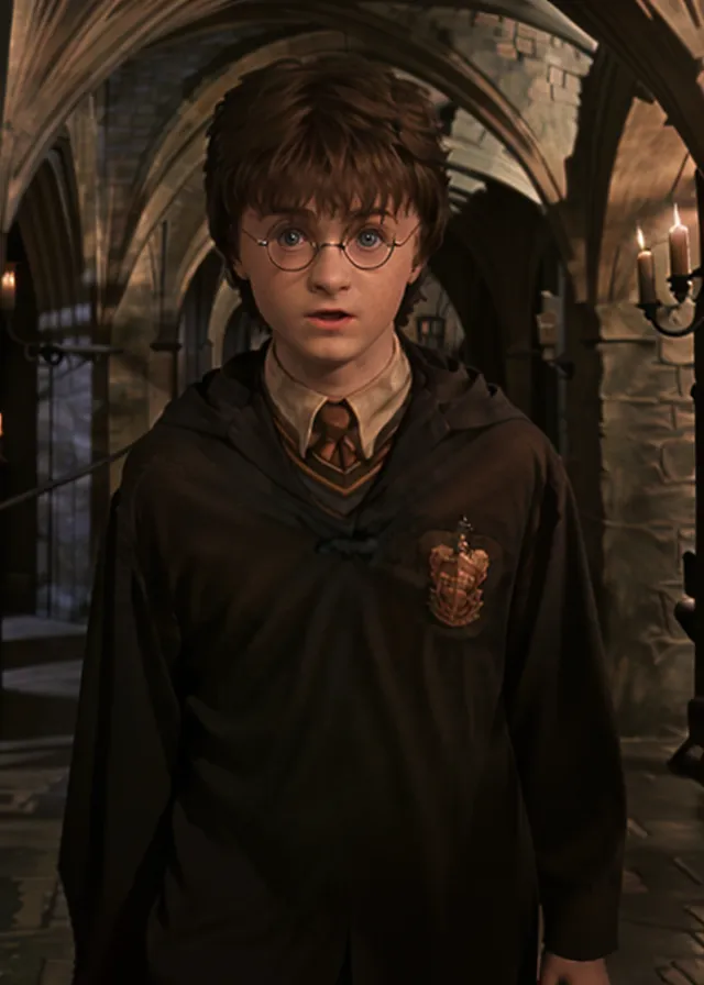 This is a picture of Harry Potter, a character from the popular book and movie series of the same name. He is a young wizard who is attending Hogwarts School of Witchcraft and Wizardry. He is wearing his school uniform, which consists of a black robe and a tie in the colors of his house, Gryffindor. He is standing in a dark hallway, looking surprised.