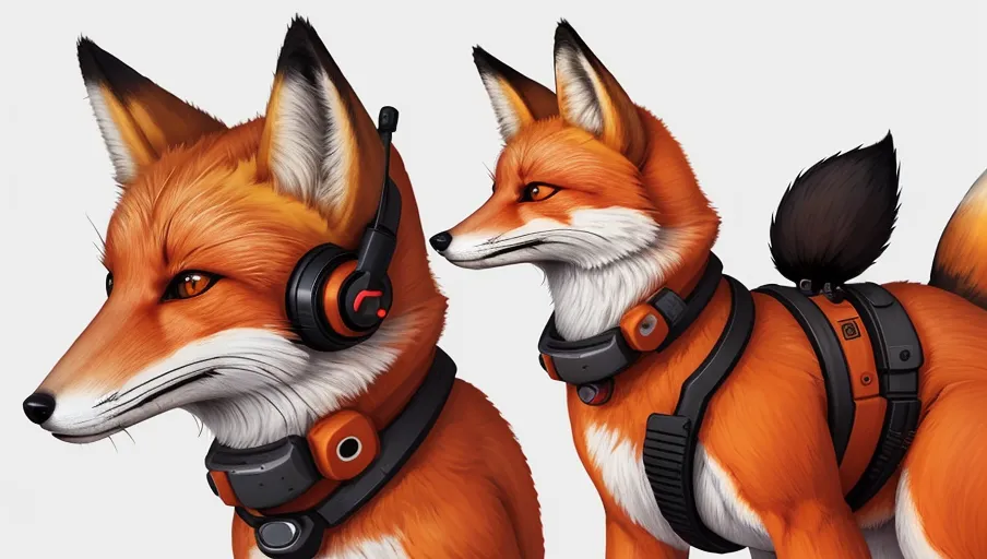 The image shows a red fox wearing a black and red headset and a black and orange harness. The fox is looking to the left of the frame. It has perked ears and a slightly open mouth. Its tail is sticking straight up in the air.