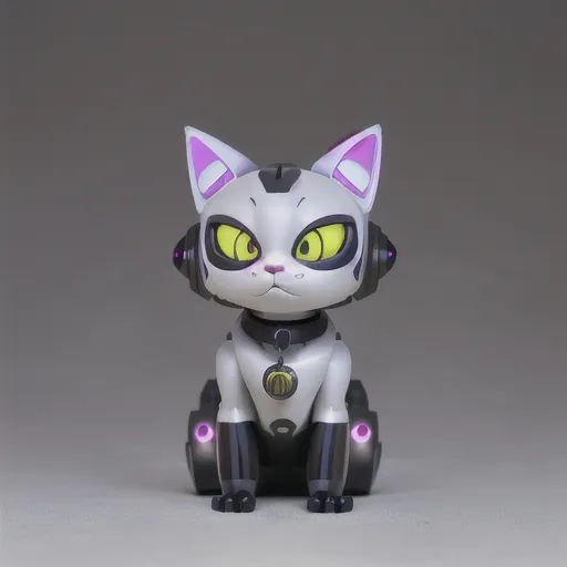 The image shows a small, gray and white robot cat. It has yellow eyes, a pink nose, and purple ears. It is wearing a silver collar with a green tag. The cat is sitting on a gray surface. It is looking at the viewer with a curious expression.