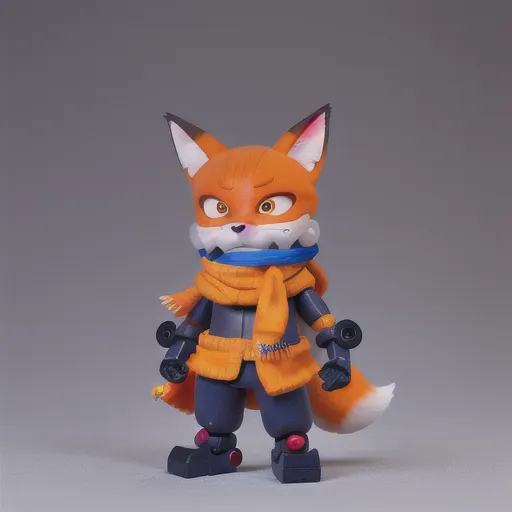 The image shows a small, cartoon fox. It has orange fur, a white belly, and black eyes. It is wearing a blue scarf and a pair of black boots. The fox is standing on its hind legs and has its tail curled up behind it. It has a smug expression on its face.