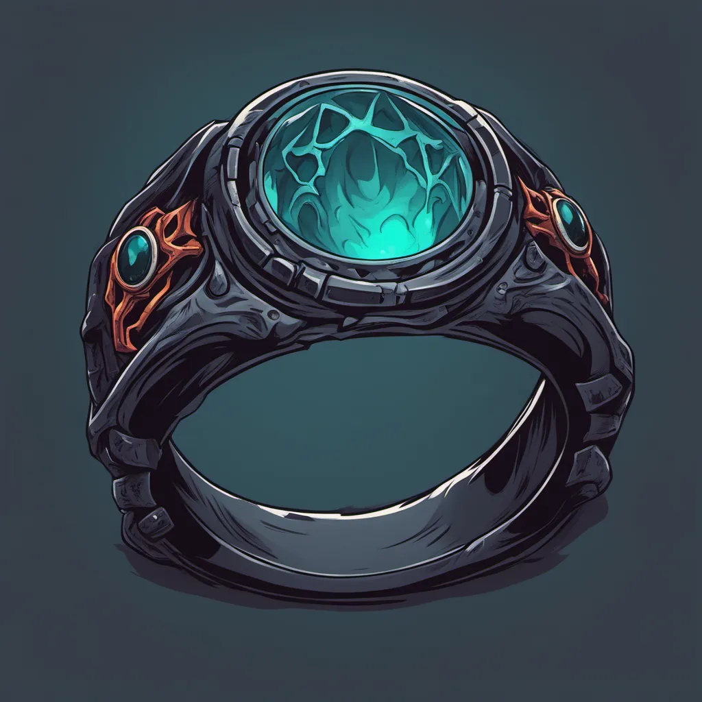 The image shows a magic ring. The ring is made of dark metal and has a large, glowing blue gem in the center. The gem is surrounded by intricate carvings. The ring appears to be old and powerful.