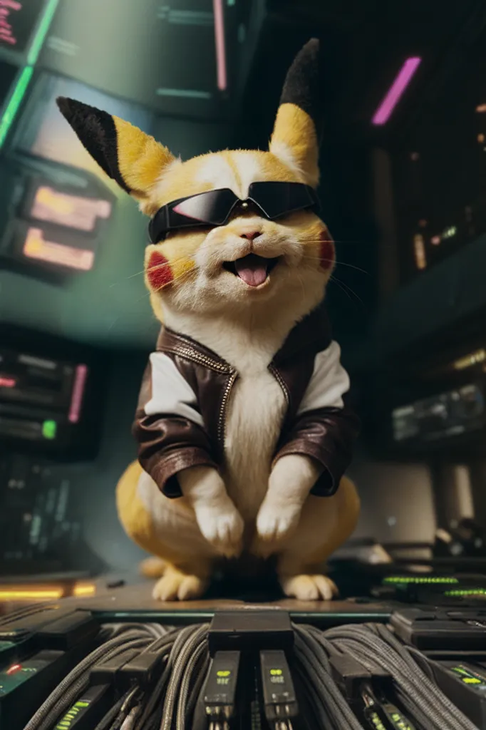 The image shows a Pikachu, which is a character from the Pokémon franchise. It is standing on a table or counter, and is wearing a black leather jacket and sunglasses. It has a smug expression on its face, and its tongue is sticking out. The background is a blur of technology