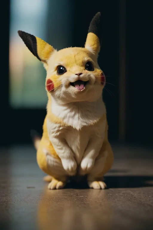 This is a photo of a Pikachu, which is a character from the Pokémon franchise. It is a small, yellow, and furry creature with black-tipped ears and a red circle on each cheek. It is standing on the floor and looking at the camera with a happy expression on its face. The background is blurry and looks like a living room