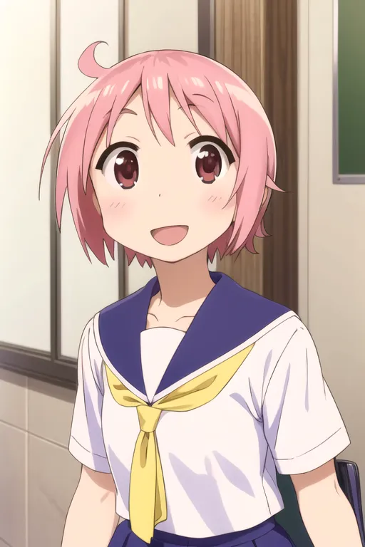 The image shows an anime girl with pink hair and brown eyes. She is wearing a white shirt with a yellow ribbon and a blue skirt. She has a happy expression on her face.