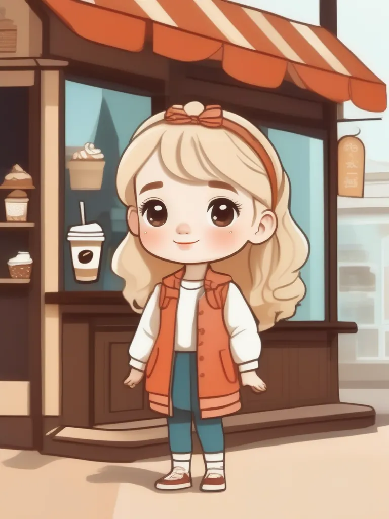 The image shows a cute chibi girl with blond hair and blue eyes. She is wearing an orange jacket, a white shirt, and blue jeans. She is standing in front of a cafe and there are some cupcakes and coffee cups in the window. The girl has a happy expression on her face and she is looking at the viewer.