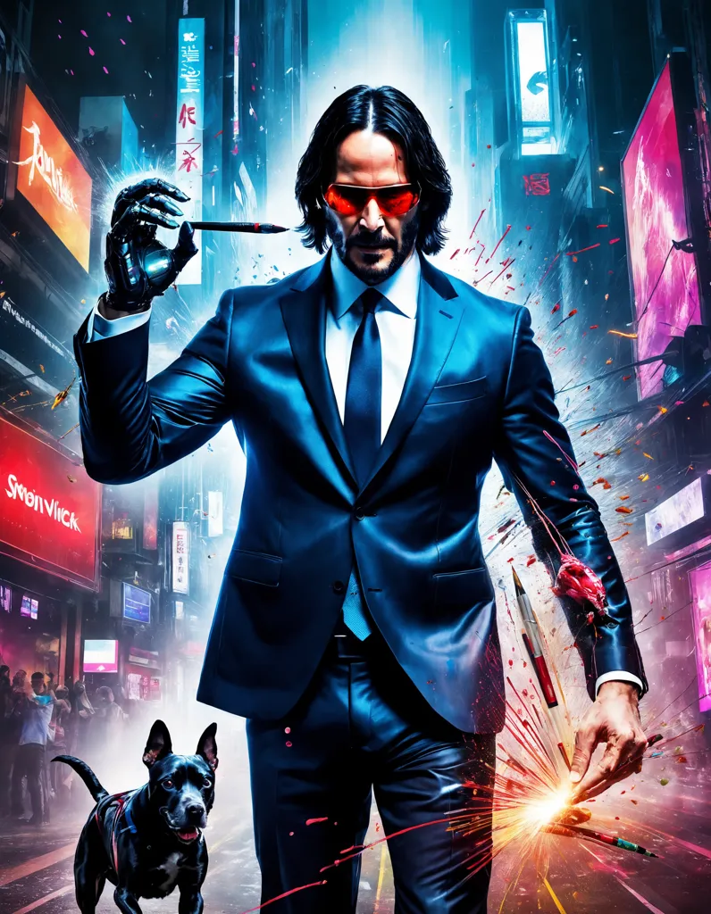 The image shows Keanu Reeves in a blue suit and sunglasses, holding a pencil in his right hand and a paintbrush in his left hand. He is standing in a city street with a dog beside him. The background is a blurred cityscape with bright lights.